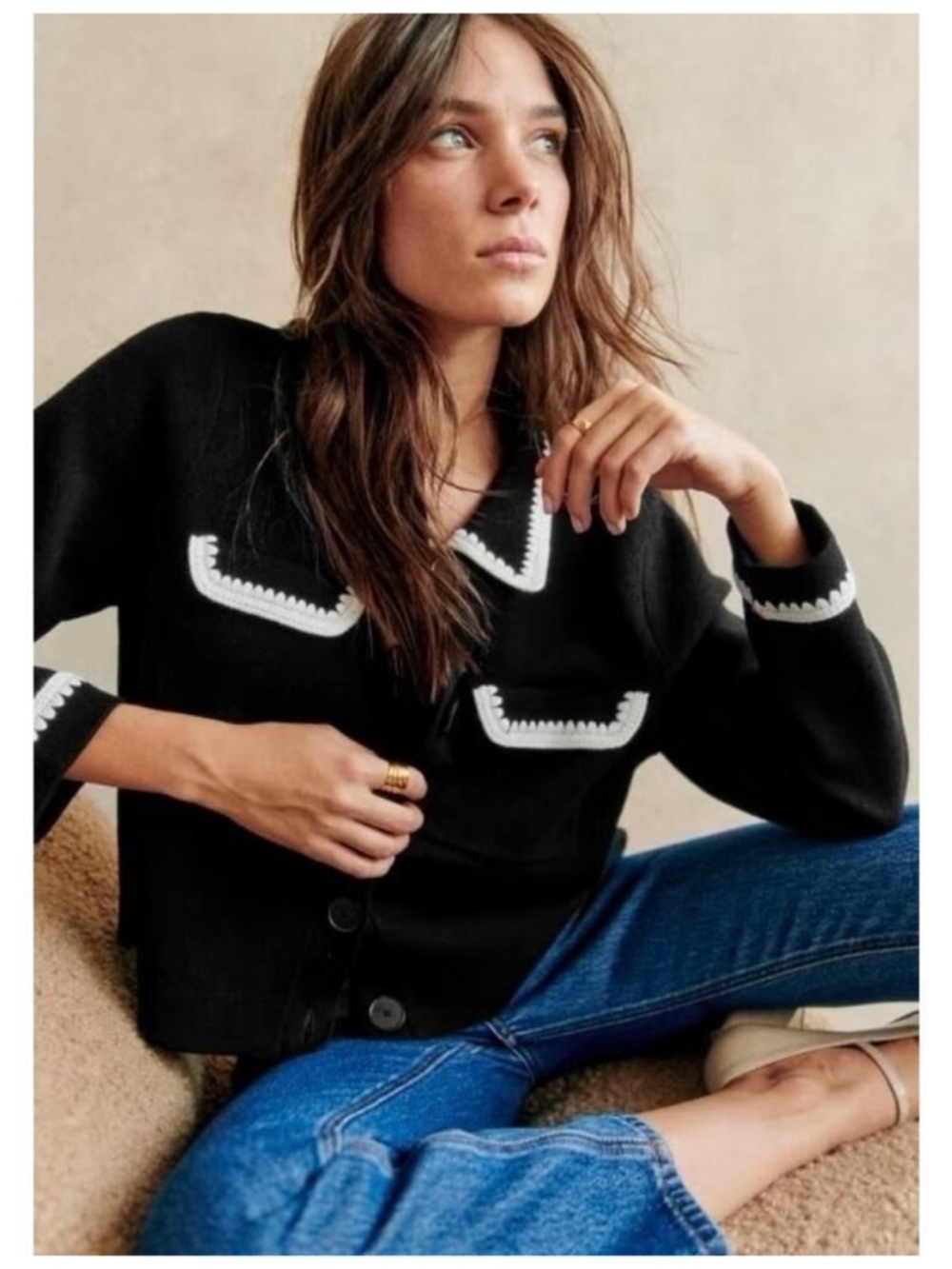 Sezane Betty Cardigan Black & Ecru Crochet - Size M
